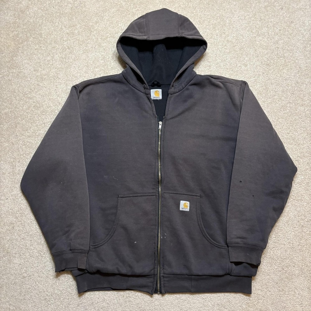 Vtg Carhartt Hoodie Sweatshirt 2XL 90s Sun Faded Distressed Zip Up Thermal Lined